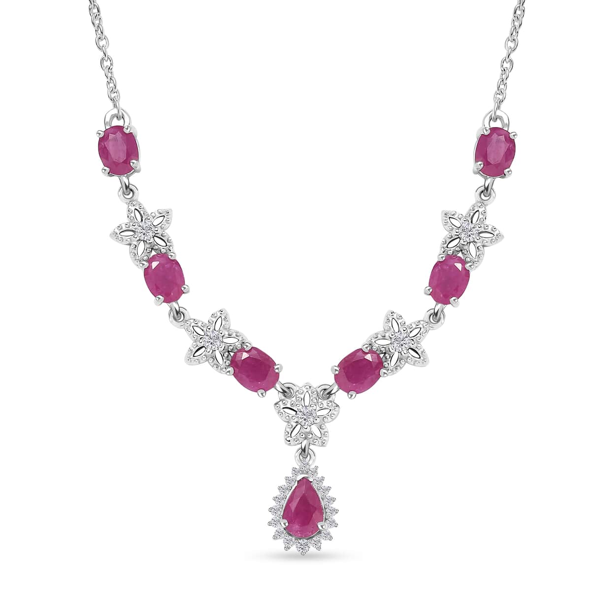 Premium Taveta Ruby and White Zircon Floral Necklace 18-20 Inches in Platinum Over Sterling Silver 3.70 ctw image number 0