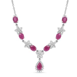 Premium Taveta Ruby and White Zircon Floral Necklace 18-20 Inches in Platinum Over Sterling Silver 3.70 ctw