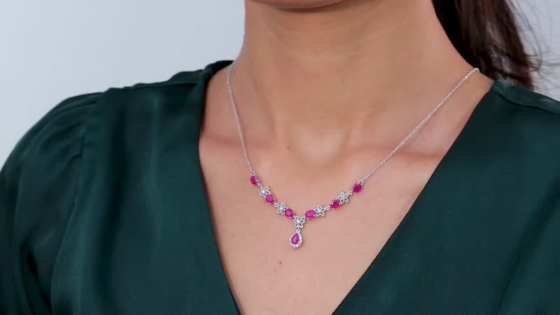 Premium Royal Ruby and White Zircon Floral Necklace 18-20 Inches in Platinum Over Sterling Silver 3.70 ctw