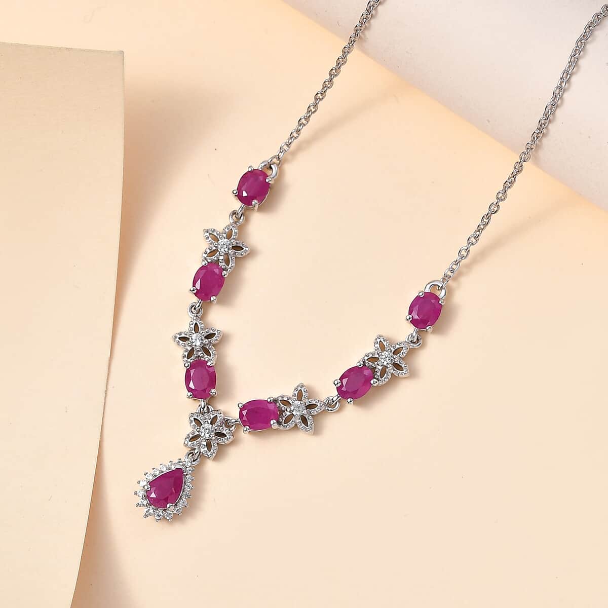 Premium Taveta Ruby and White Zircon Floral Necklace 18-20 Inches in Platinum Over Sterling Silver 3.70 ctw image number 1
