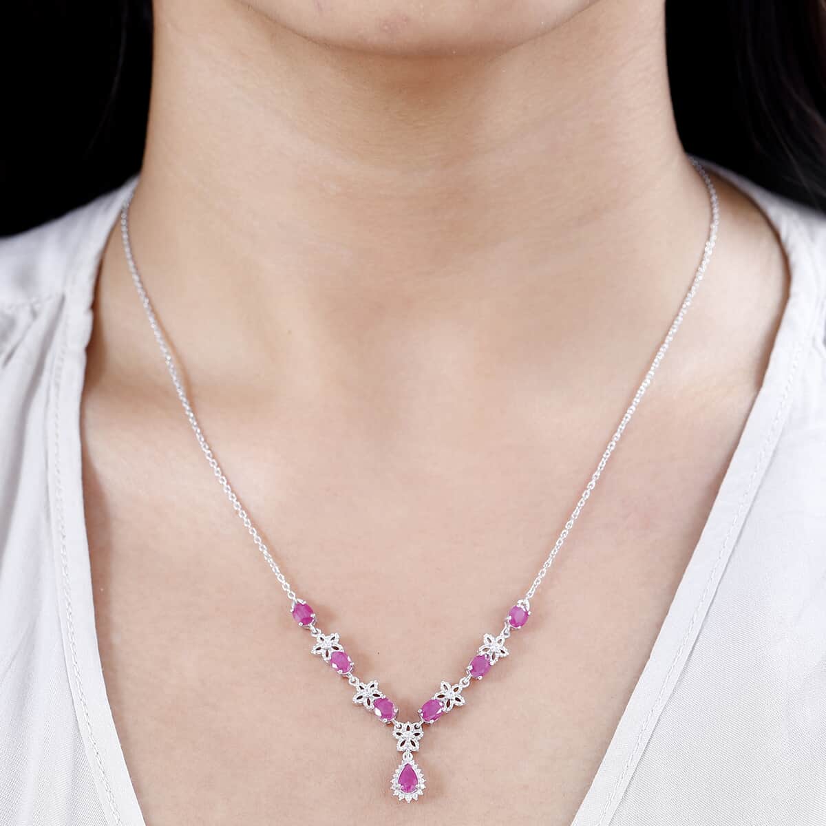 Premium Taveta Ruby and White Zircon Floral Necklace 18-20 Inches in Platinum Over Sterling Silver 3.70 ctw image number 2