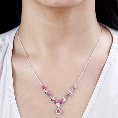 Premium Royal Ruby and White Zircon Floral Necklace 18-20 Inches in Platinum Over Sterling Silver 3.70 ctw