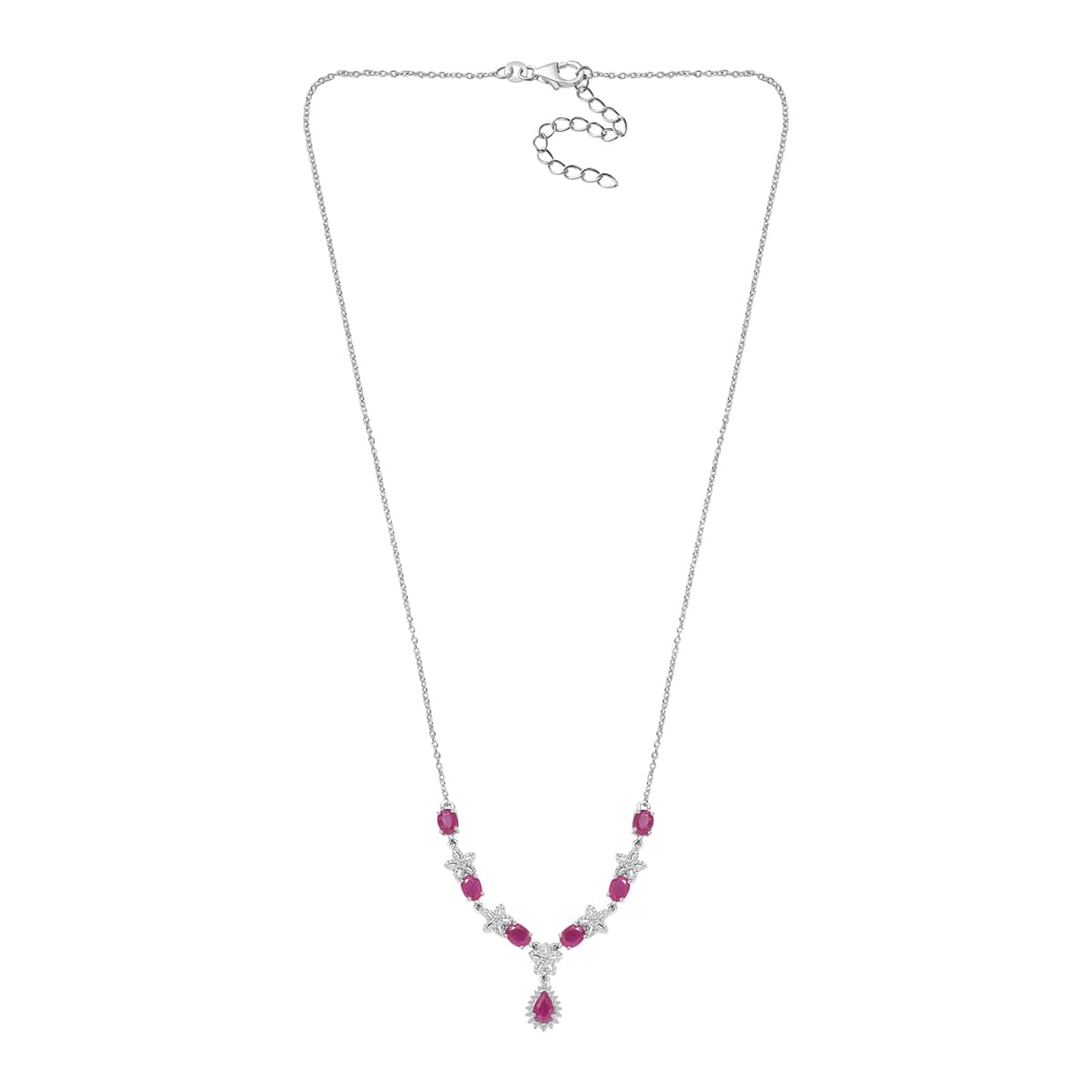 Premium Taveta Ruby and White Zircon Floral Necklace 18-20 Inches in Platinum Over Sterling Silver 3.70 ctw image number 3