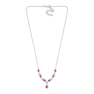Premium Royal Ruby and White Zircon Floral Necklace 18-20 Inches in Platinum Over Sterling Silver 3.70 ctw