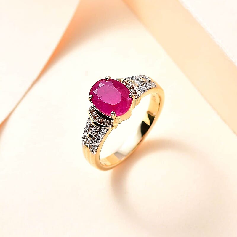 Luxoro 10K Yellow Gold Premium Taveta Ruby, Natural Champagne and White Diamond Ring (Size 10.0) 2.85 ctw