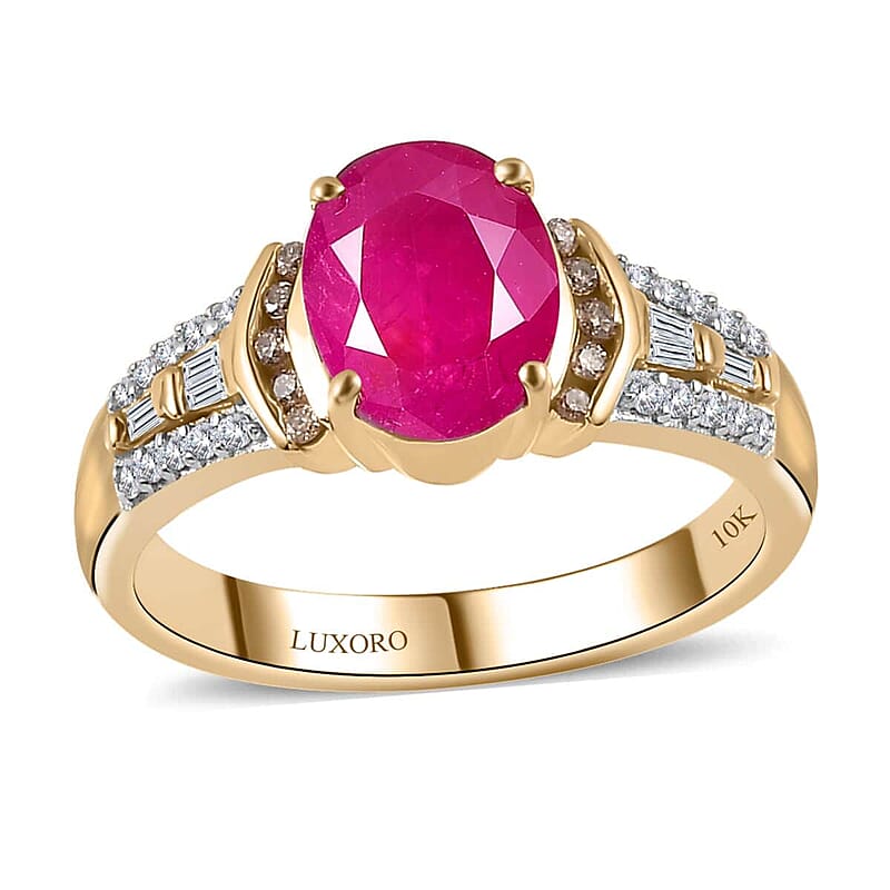 Luxoro 10K Yellow Gold Premium Taveta Ruby, Natural Champagne and White Diamond Ring (Size 5.0) 2.85 ctw