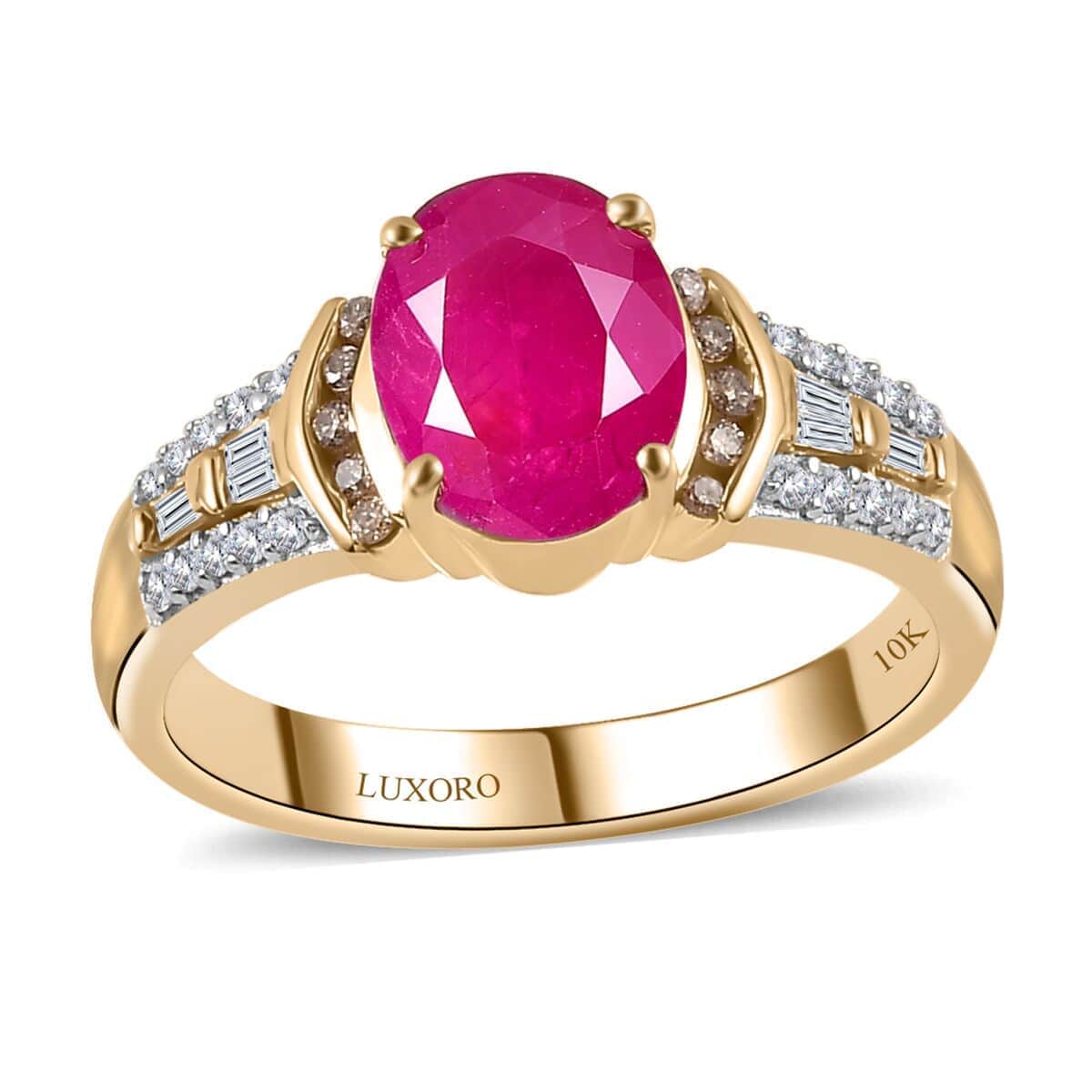 Luxoro 10K Yellow Gold Premium Royal Ruby, Natural Champagne and White Diamond Ring (Size 6.0) 2.85 ctw image number 0