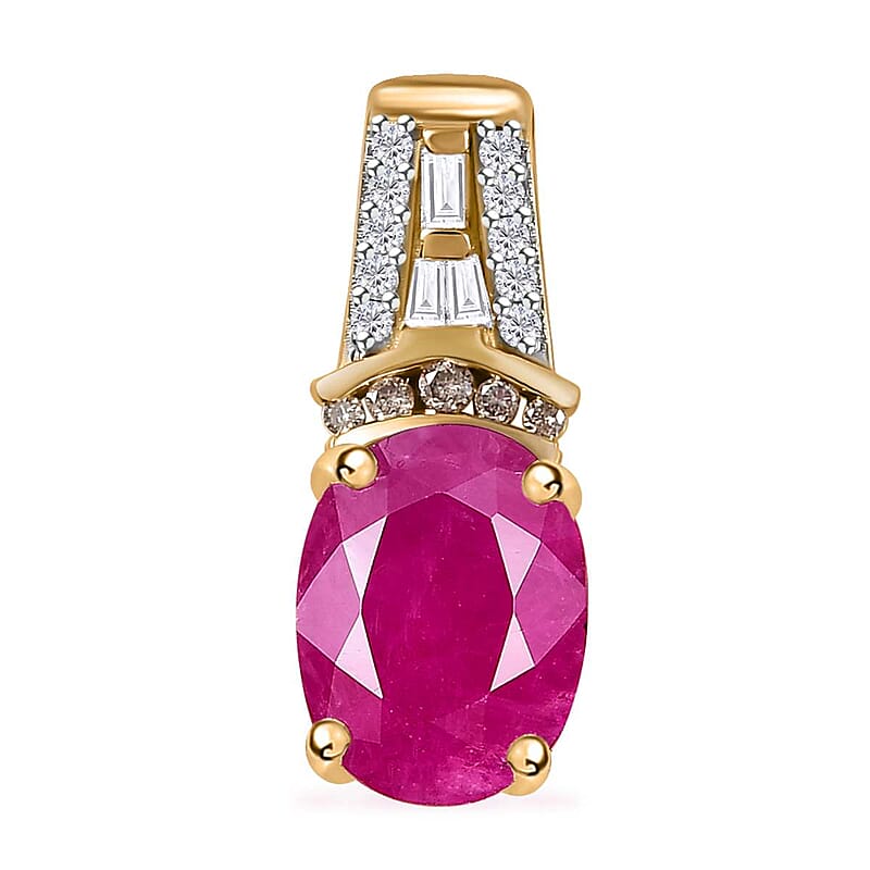 Luxoro 10K Yellow Gold Premium Royal Ruby and Natural Champagne and White Diamond Pendant without Chain 2.75 ctw