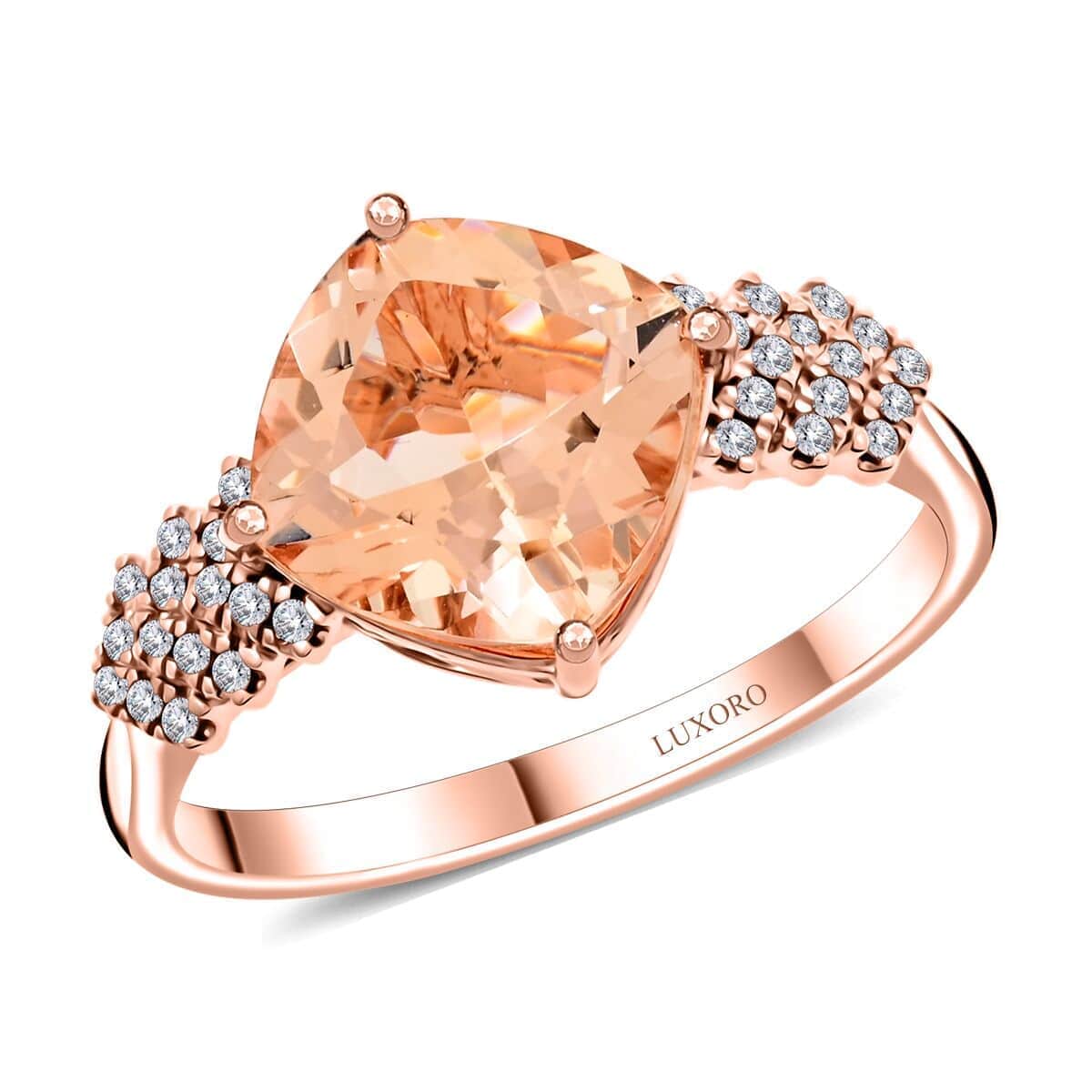 Luxoro 10K Rose Gold AAA Marropino Morganite and G-H I2 Diamond Ring (Size 10.0) 3.80 ctw image number 0