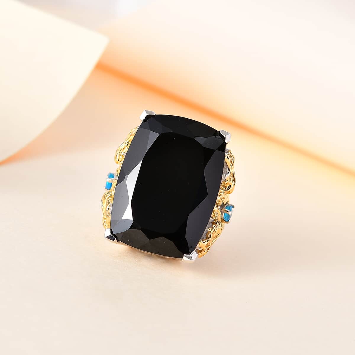 Epic Deal Thai Black Spinel (Cush 25x18 mm), Malgache Neon Apatite Dragon Ring in Vermeil YG and Rhodium Over Sterling Silver (Size 7.0) 36.40 ctw image number 1