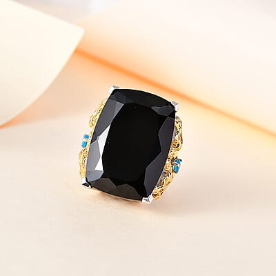 Thai Black Spinel, Malgache Neon Apatite Dragon Ring in Vermeil YG and Rhodium Over Sterling Silver (Size 10.0) 41.15 ctw