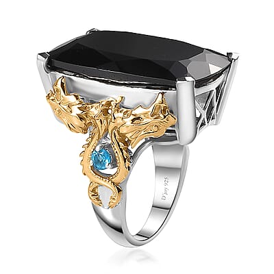 Thai Black Spinel, Malgache Neon Apatite Dragon Ring in Vermeil YG and Rhodium Over Sterling Silver (Size 10.0) 41.15 ctw