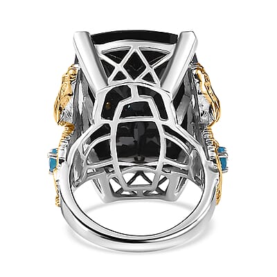Thai Black Spinel, Malgache Neon Apatite Dragon Ring in Vermeil YG and Rhodium Over Sterling Silver (Size 10.0) 41.15 ctw