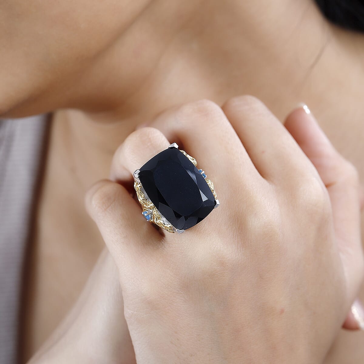 Thai Black Spinel, Malgache Neon Apatite Dragon Ring in Vermeil YG and Rhodium Over Sterling Silver (Size 9.0) 41.15 ctw image number 2