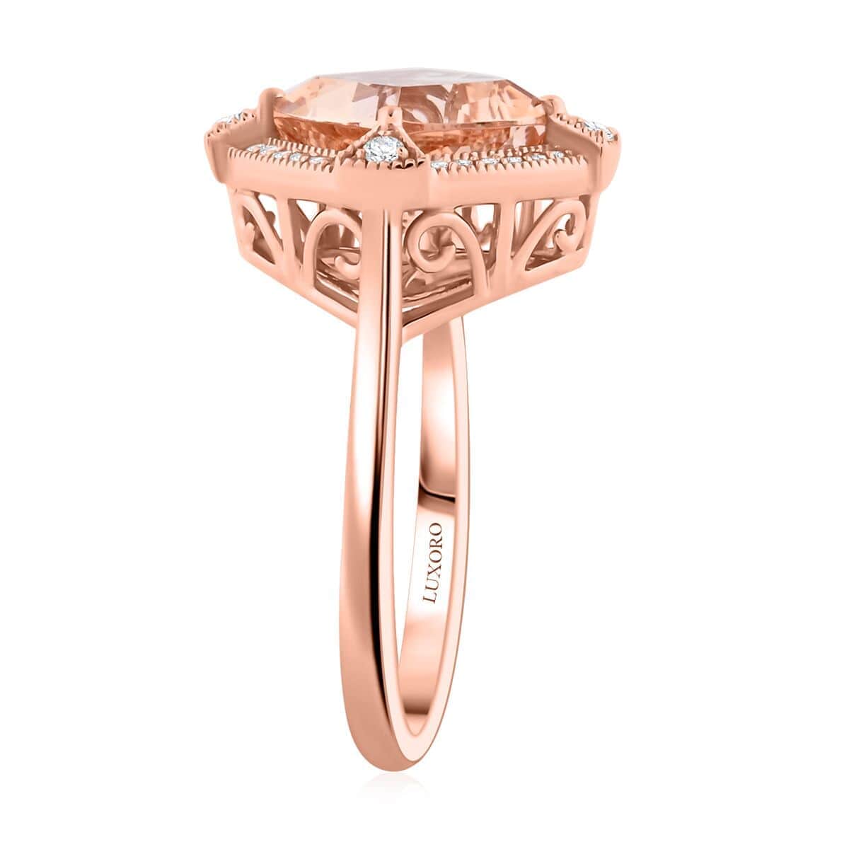 Certified & Appraised Luxoro AAA Marropino Morganite and G-H I2 Diamond 2.95 ctw Ring in 10K Rose Gold (Size 10.0) image number 3