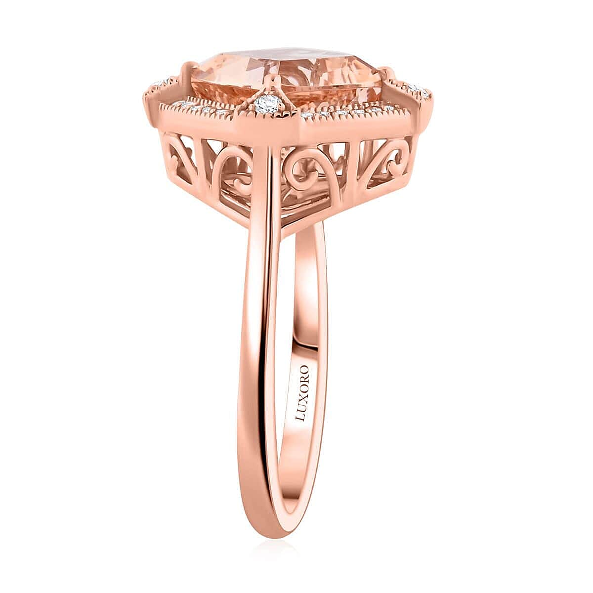 Certified & Appraised Luxoro AAA Marropino Morganite and G-H I2 Diamond 2.95 ctw Ring in 10K Rose Gold (Size 5.5) image number 3