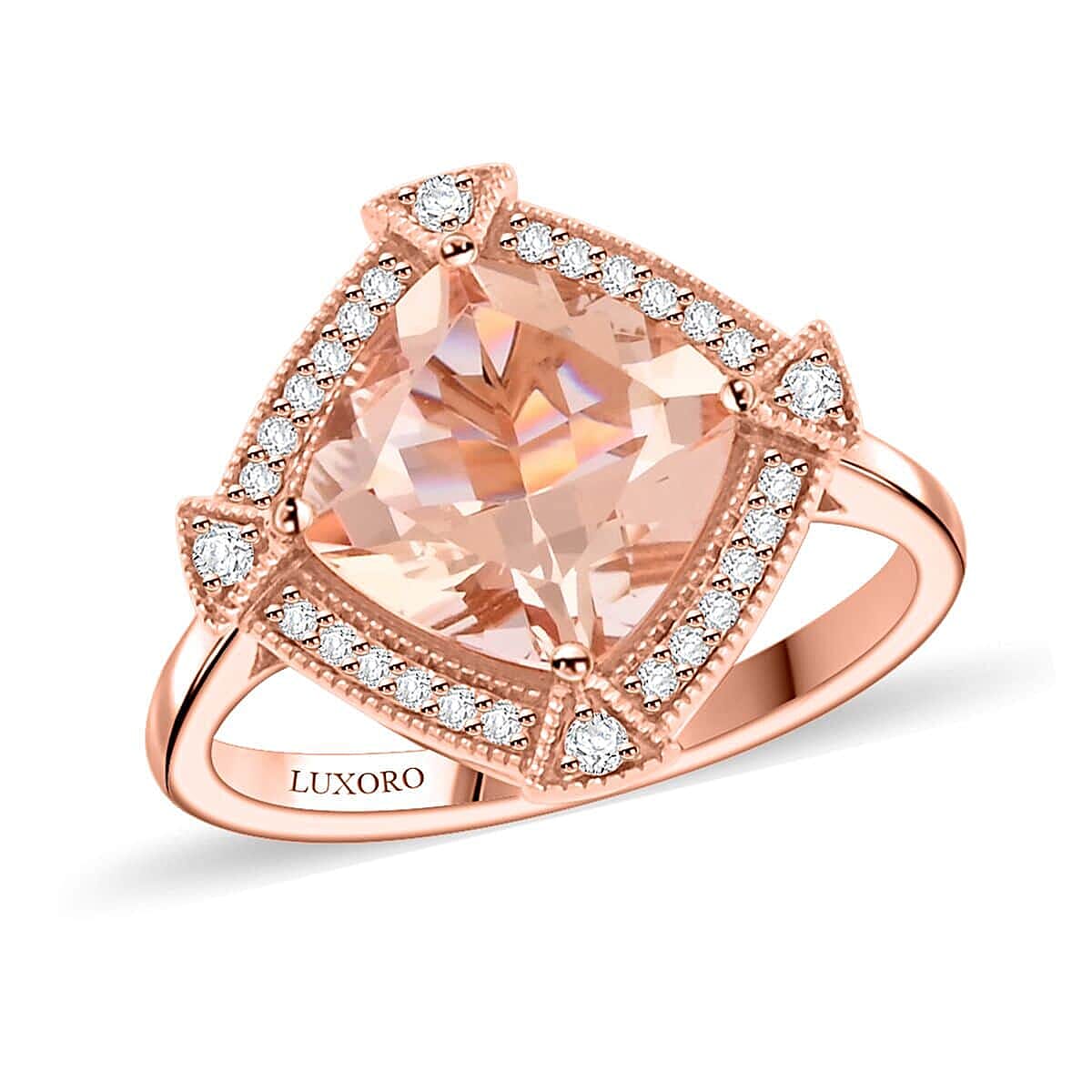 Certified & Appraised Luxoro AAA Marropino Morganite and G-H I2 Diamond 2.95 ctw Ring in 10K Rose Gold (Size 6.5) image number 0