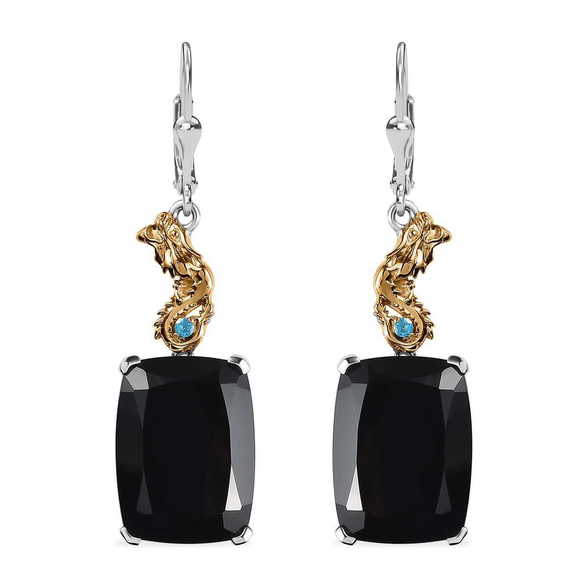 Thai Black Spinel and Malgache Neon Apatite Dragon Lever Back Earrings in Vermeil Yellow Gold and Rhodium Over Sterling Silver 45.40 ctw image number 0