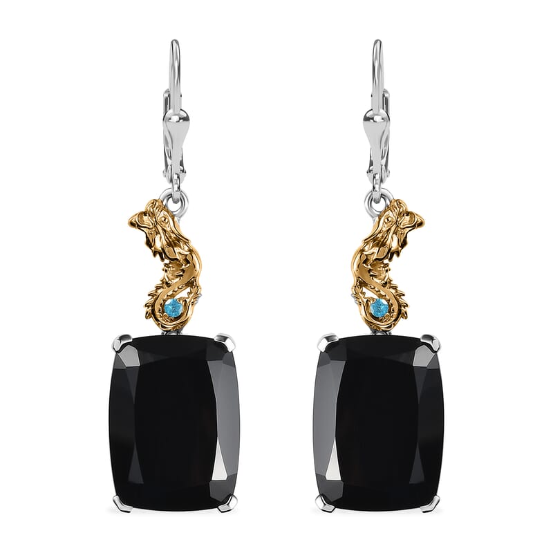 Thai Black Spinel and Malgache Neon Apatite Dragon Lever Back Earrings in Vermeil Yellow Gold and Rhodium Over Sterling Silver 45.40 ctw