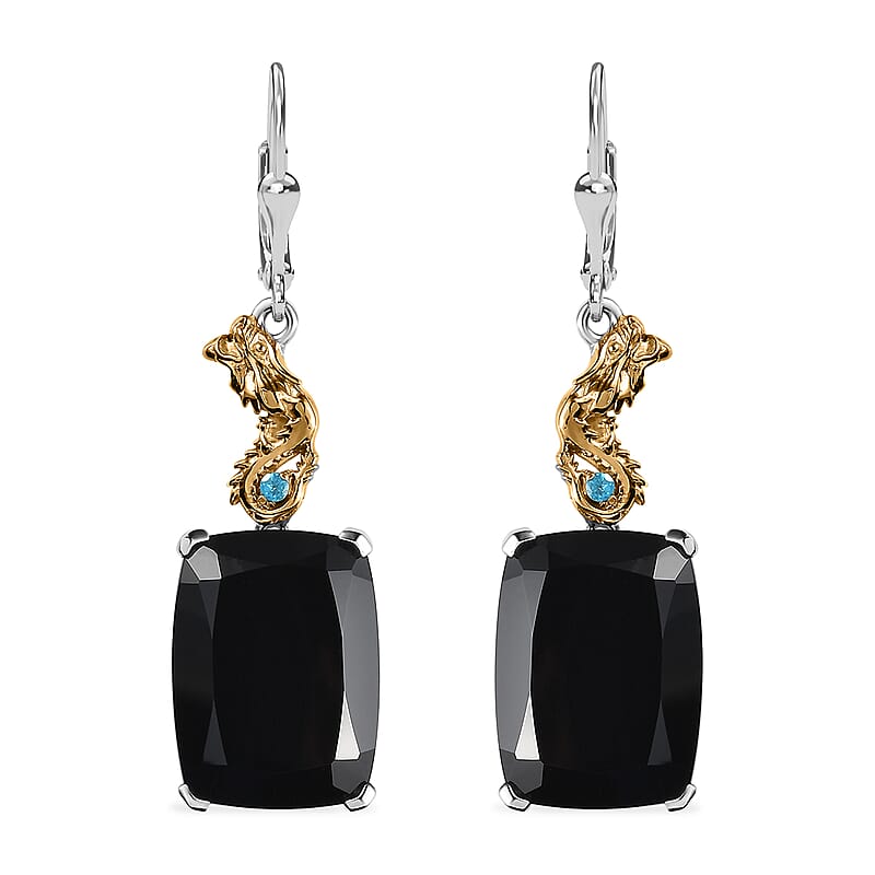 Thai Black Spinel and Malgache Neon Apatite Dragon Lever Back Earrings in Vermeil Yellow Gold and Rhodium Over Sterling Silver 45.40 ctw