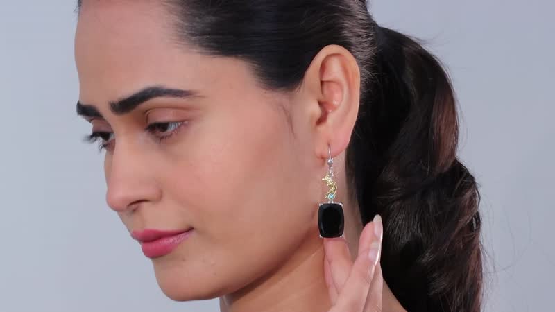 Thai Black Spinel and Malgache Neon Apatite Dragon Lever Back Earrings in Vermeil Yellow Gold and Rhodium Over Sterling Silver 45.40 ctw