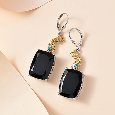 Thai Black Spinel and Malgache Neon Apatite Dragon Lever Back Earrings in Vermeil Yellow Gold and Rhodium Over Sterling Silver 45.40 ctw