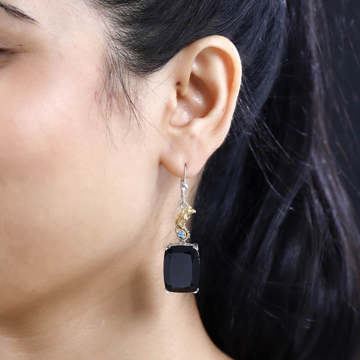 Thai Black Spinel and Malgache Neon Apatite Dragon Lever Back Earrings in Vermeil Yellow Gold and Rhodium Over Sterling Silver 45.40 ctw image number 2