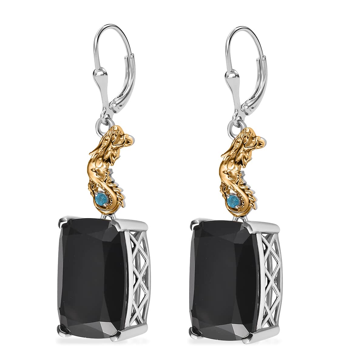 Thai Black Spinel and Malgache Neon Apatite Dragon Lever Back Earrings in Vermeil Yellow Gold and Rhodium Over Sterling Silver 45.40 ctw image number 3