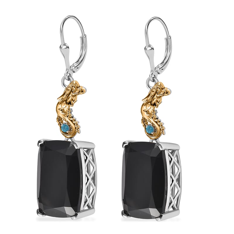Thai Black Spinel and Malgache Neon Apatite Dragon Lever Back Earrings in Vermeil Yellow Gold and Rhodium Over Sterling Silver 45.40 ctw