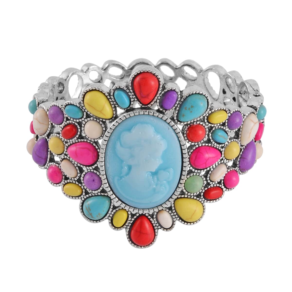 Cameo and Multi Color Howlite Bangle Bracelet in Silvertone (7.0 In) 26.00 ctw image number 0