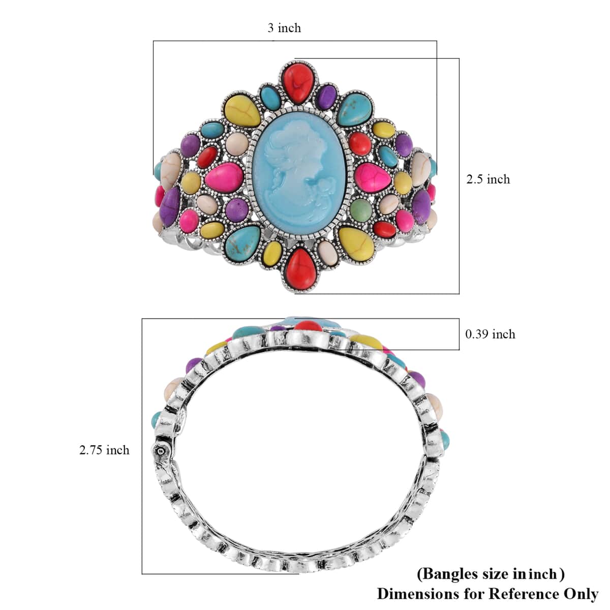 Cameo and Multi Color Howlite Bangle Bracelet in Silvertone (7.0 In) 26.00 ctw image number 4