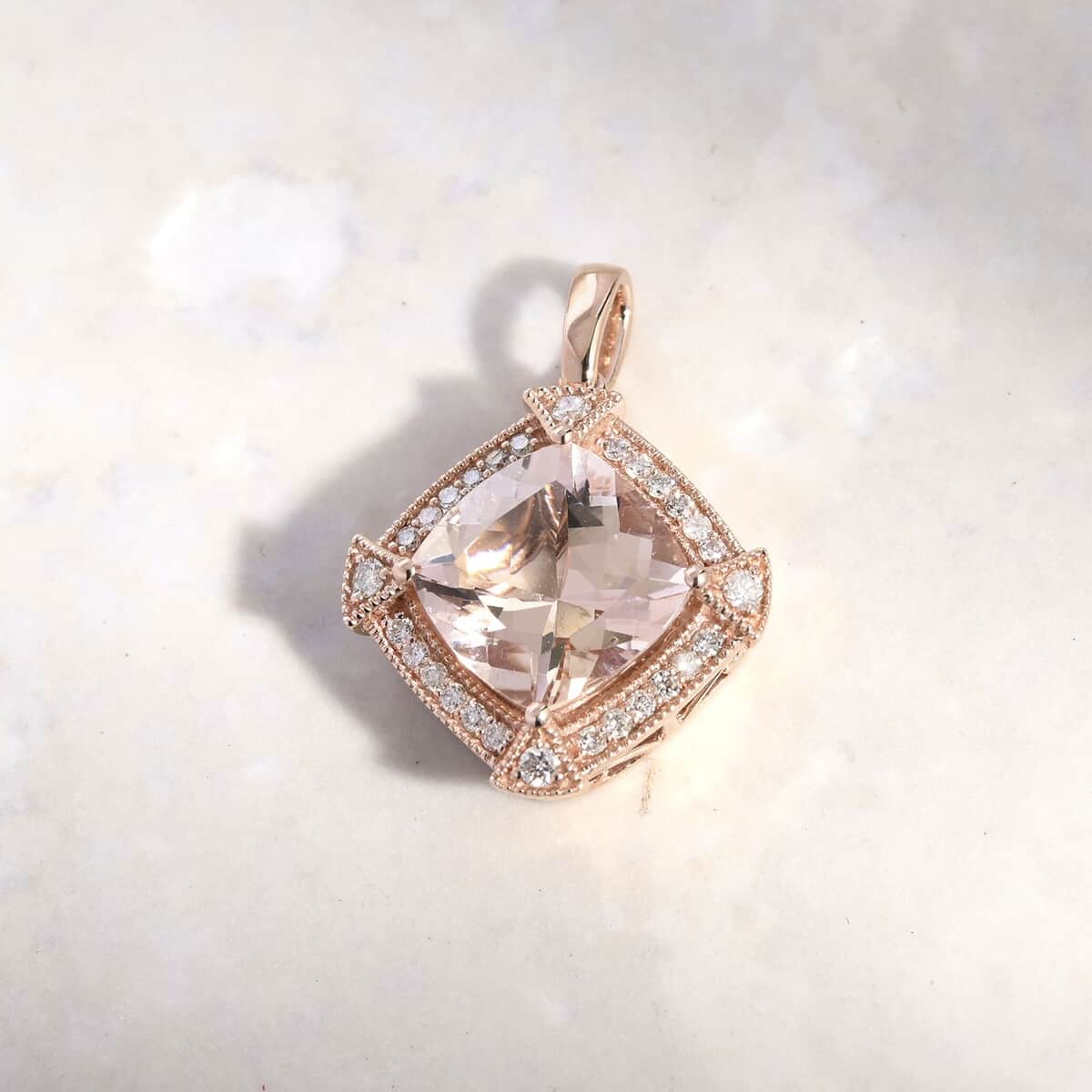 Ankur Treasure Chest Certified & Appraised Luxoro 10K Rose Gold AAA Marropino Morganite and G-H I2 Diamond Pendant 2.95 ctw image number 1