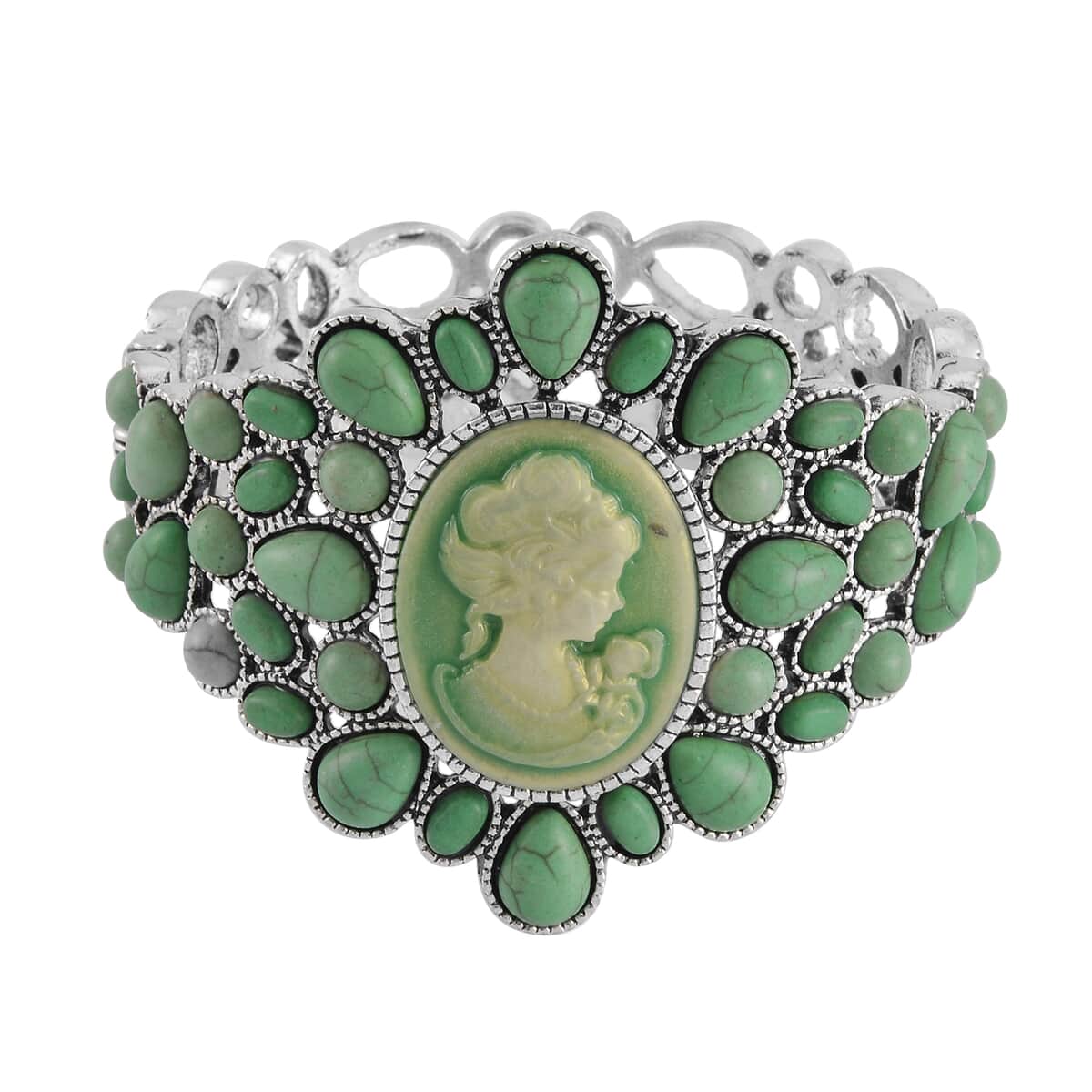 Cameo and Green Howlite Bangle Bracelet in Silvertone (7.0 In) 26.00 ctw image number 0