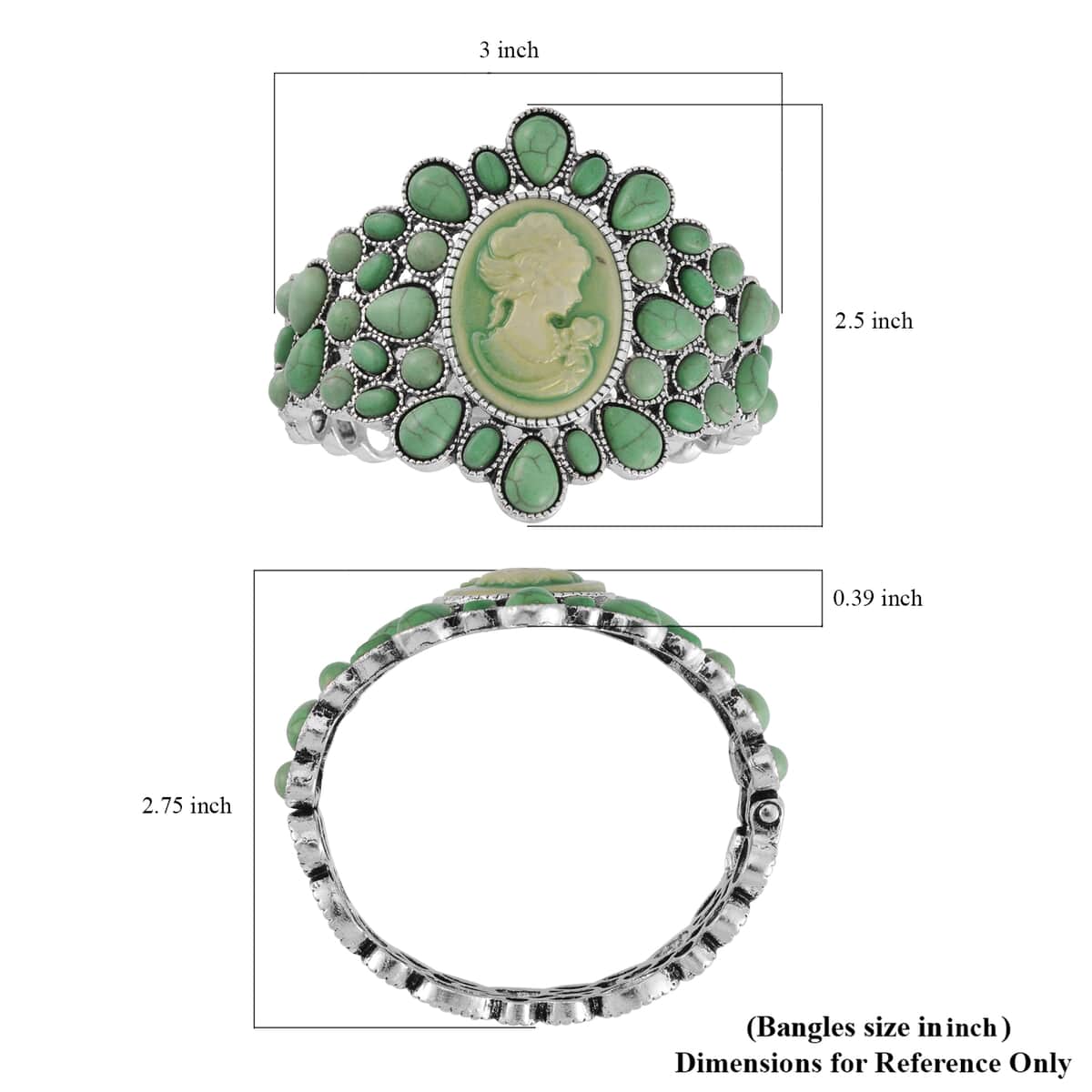 Cameo and Green Howlite Bangle Bracelet in Silvertone (7.0 In) 26.00 ctw image number 4