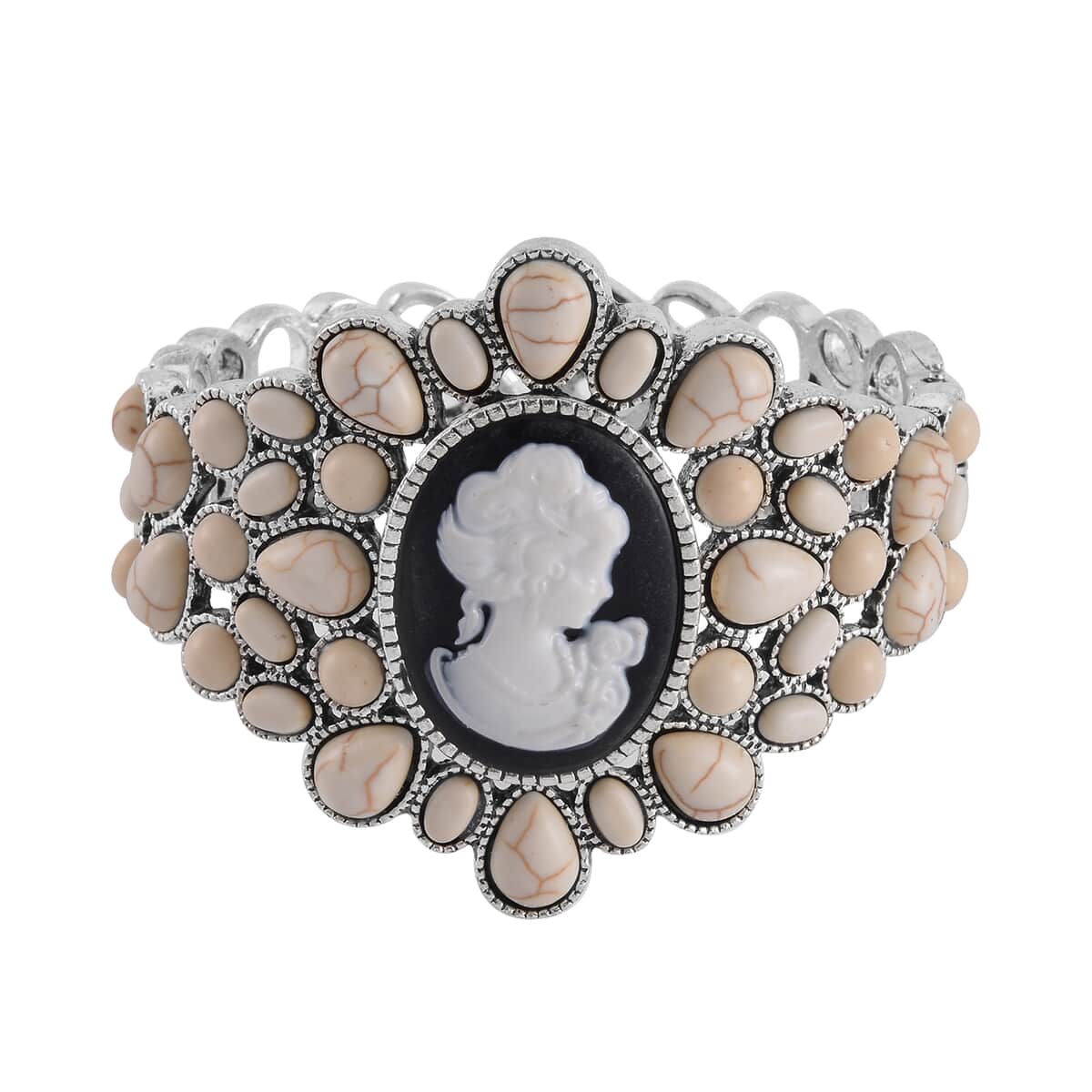 Cameo and White Howlite Bangle Bracelet in Silvertone (7.0 In) 26.00 ctw image number 0