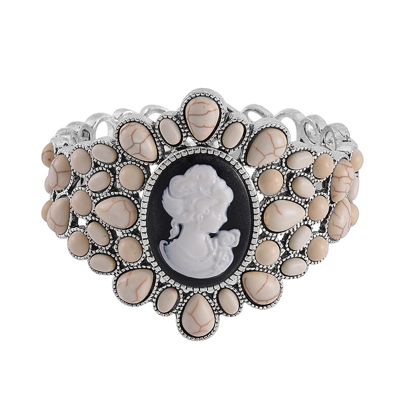Cameo and White Howlite Bangle Bracelet in Silvertone (7.0 In) 26.00 ctw