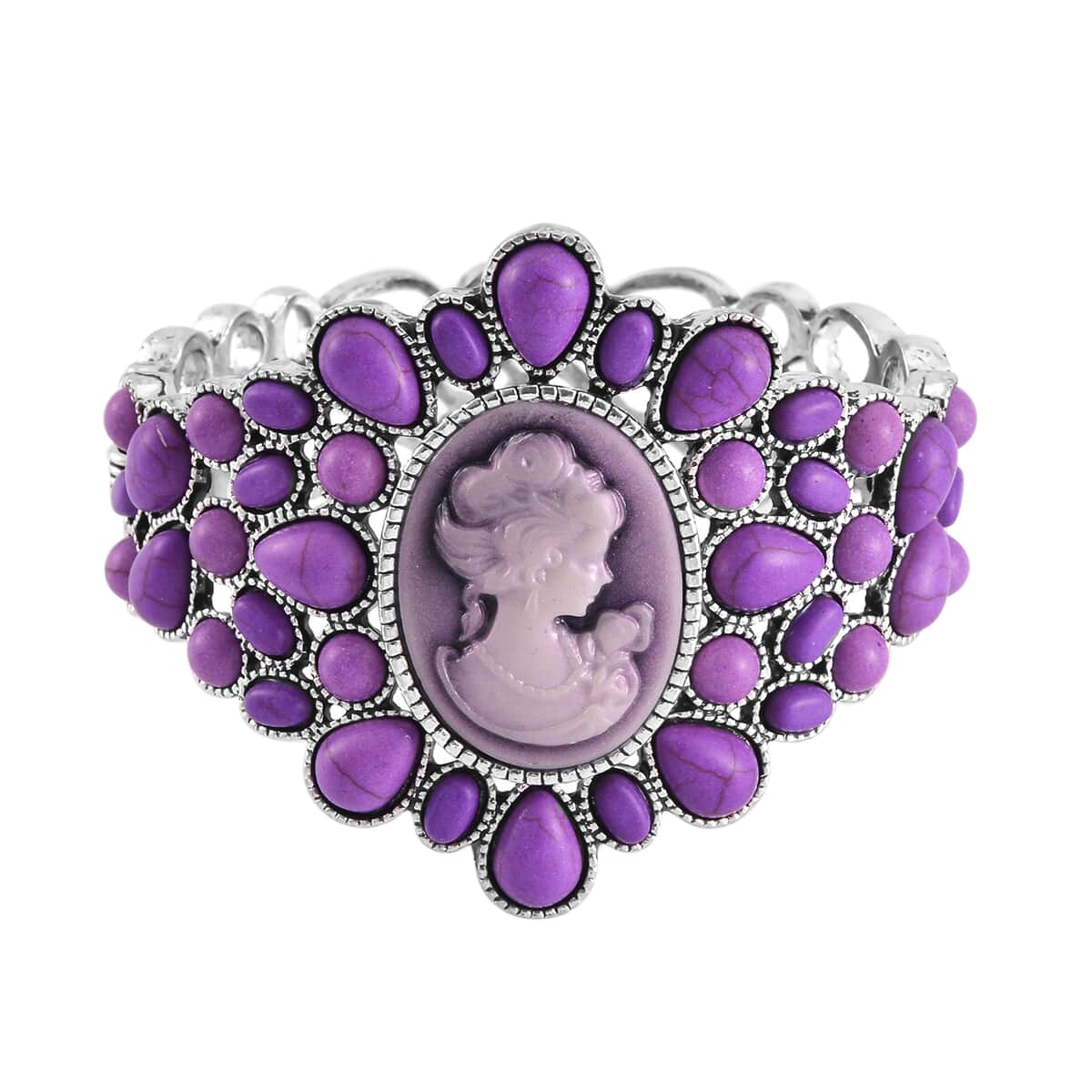 Cameo and Purple Howlite Bangle Bracelet in Silvertone (7.0 In) 26.00 ctw image number 0