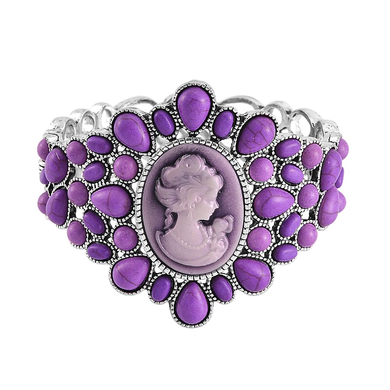Cameo and Constituted Purple Howlite Bangle Bracelet in Silvertone (7.0 In) 26.00 ctw