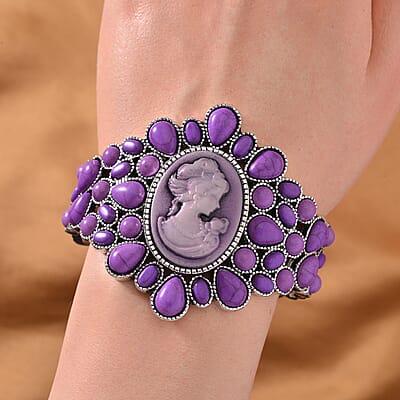 Cameo and Constituted Purple Howlite Bangle Bracelet in Silvertone (7.0 In) 26.00 ctw