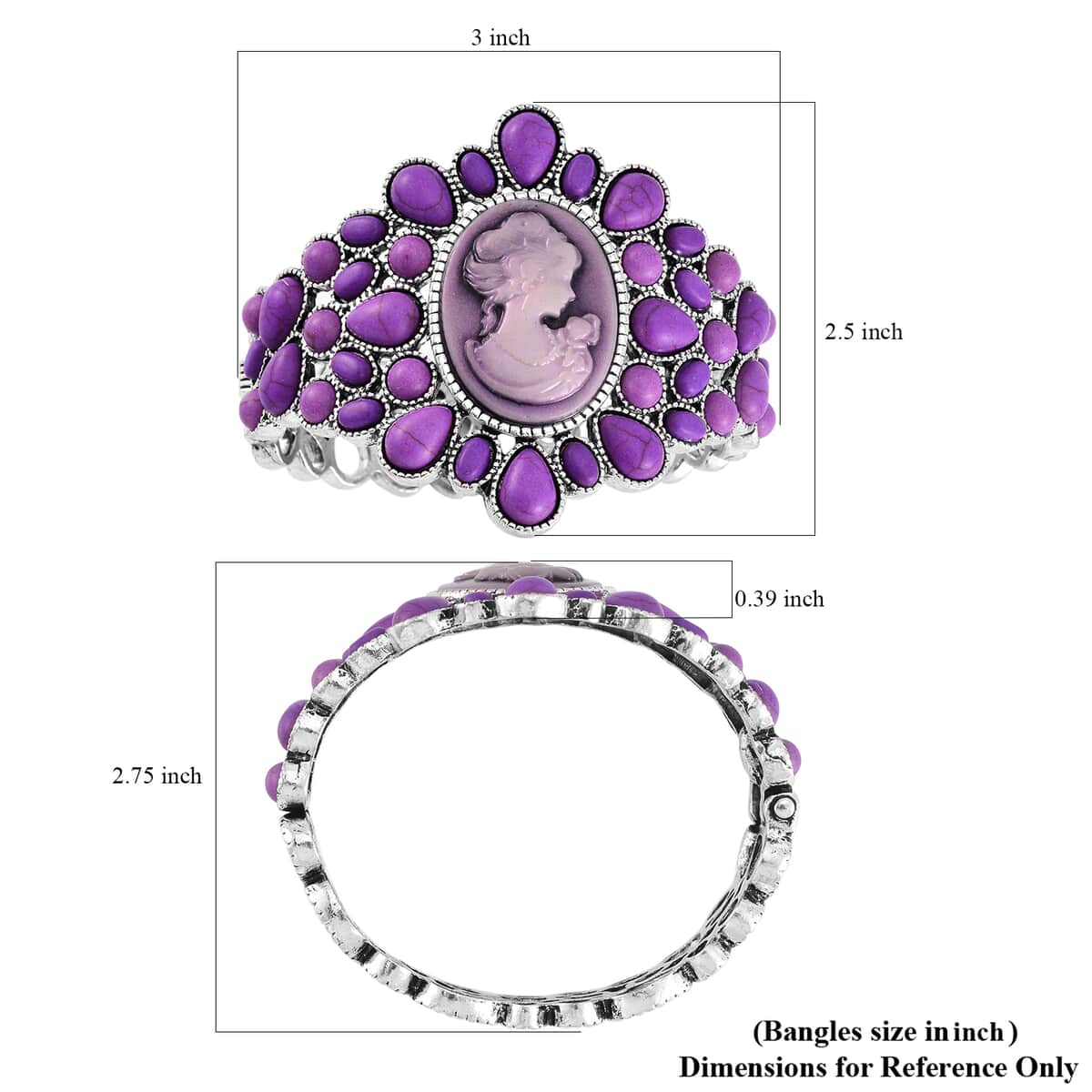 Cameo and Purple Howlite Bangle Bracelet in Silvertone (7.0 In) 26.00 ctw image number 4