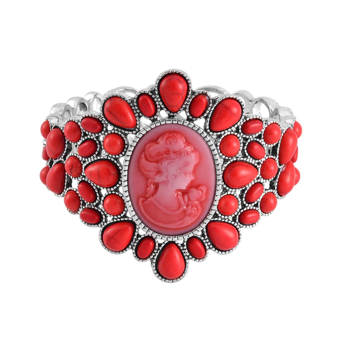 Cameo and Red Howlite Bangle Bracelet in Silvertone (7.0 In) 26.00 ctw image number 0