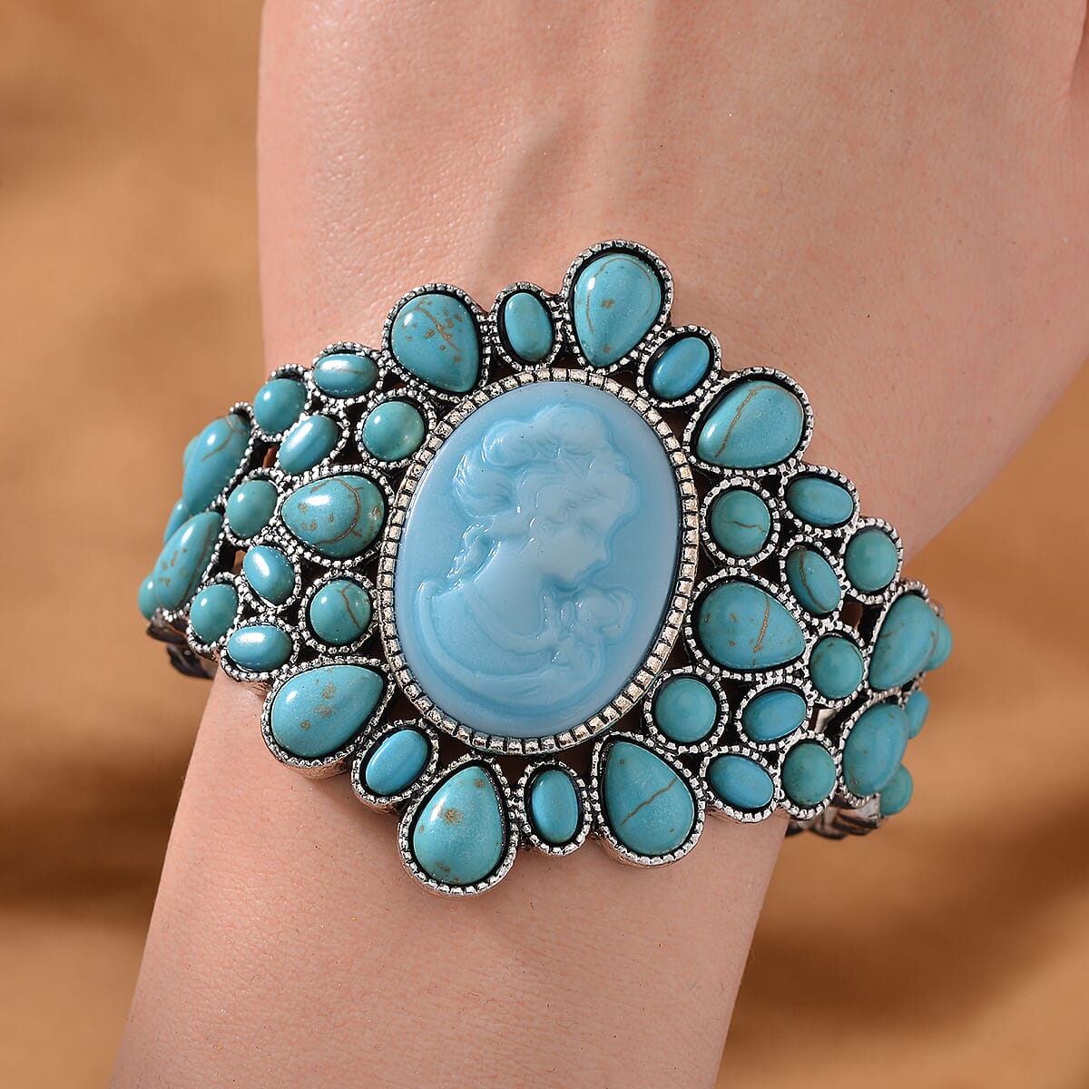 Cameo and Sleeping Beauty Color Howlite Bangle Bracelet in Silvertone (7.0 In) 26.00 ctw image number 1