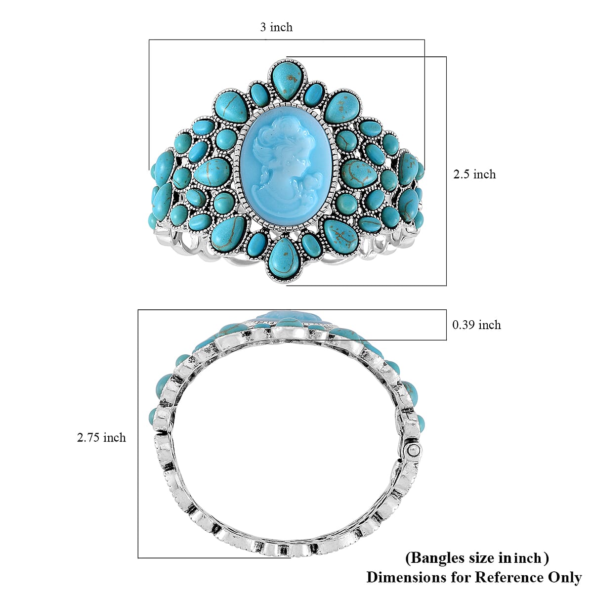 Cameo and Sleeping Beauty Color Howlite Bangle Bracelet in Silvertone (7.0 In) 26.00 ctw image number 4