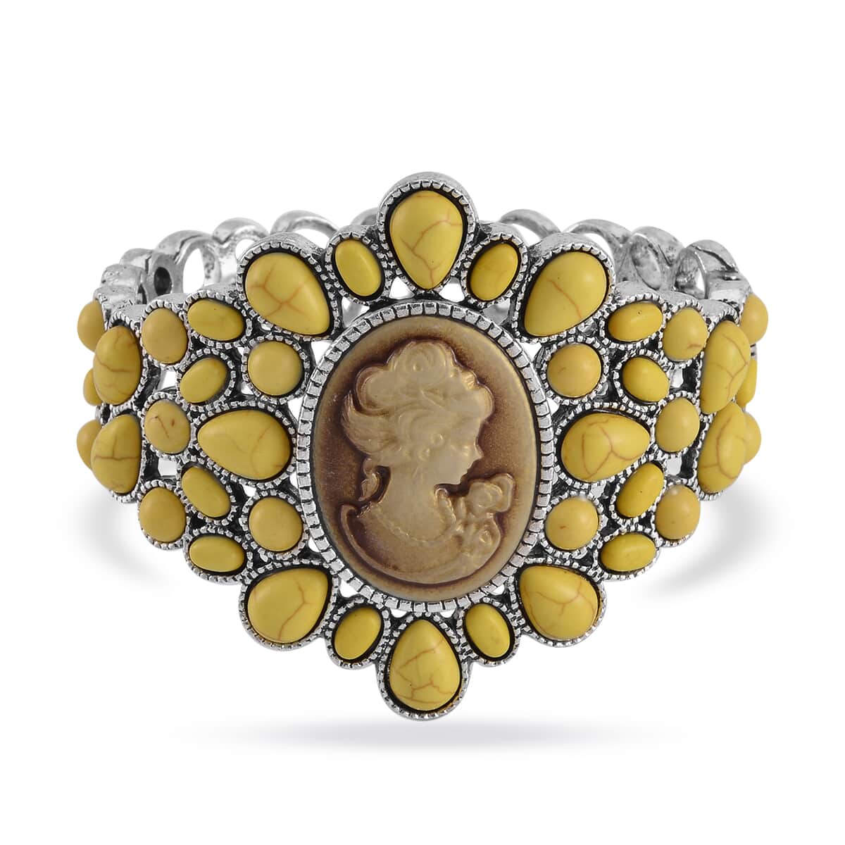 Cameo and Yellow Howlite Bangle Bracelet in Silvertone (7.0 In) 26.00 ctw image number 0