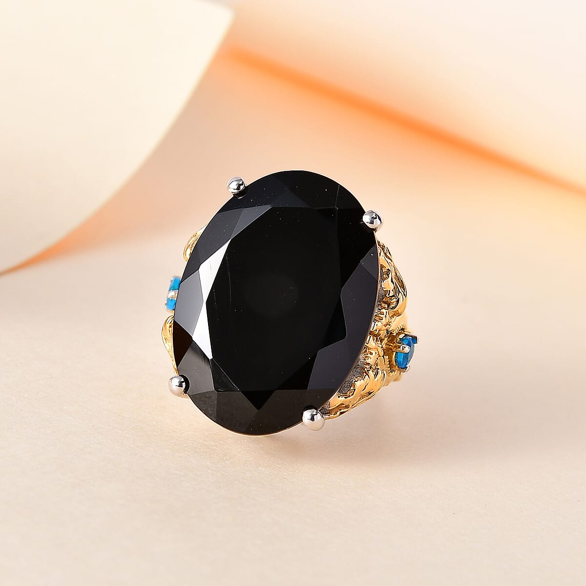 Thai Black Spinel, Malgache Neon Apatite Dragon Ring in Vermeil YG and Rhodium Over Sterling Silver (Size 9.0) 35.00 ctw image number 1