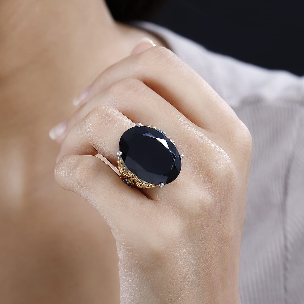 Thai Black Spinel, Malgache Neon Apatite Dragon Ring in Vermeil YG and Rhodium Over Sterling Silver (Size 9.0) 35.00 ctw image number 2