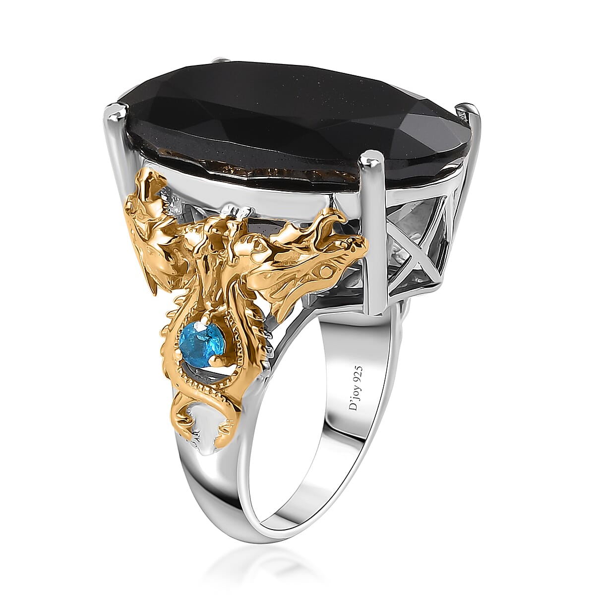 Thai Black Spinel, Malgache Neon Apatite Dragon Ring in Vermeil YG and Rhodium Over Sterling Silver (Size 9.0) 35.00 ctw image number 3