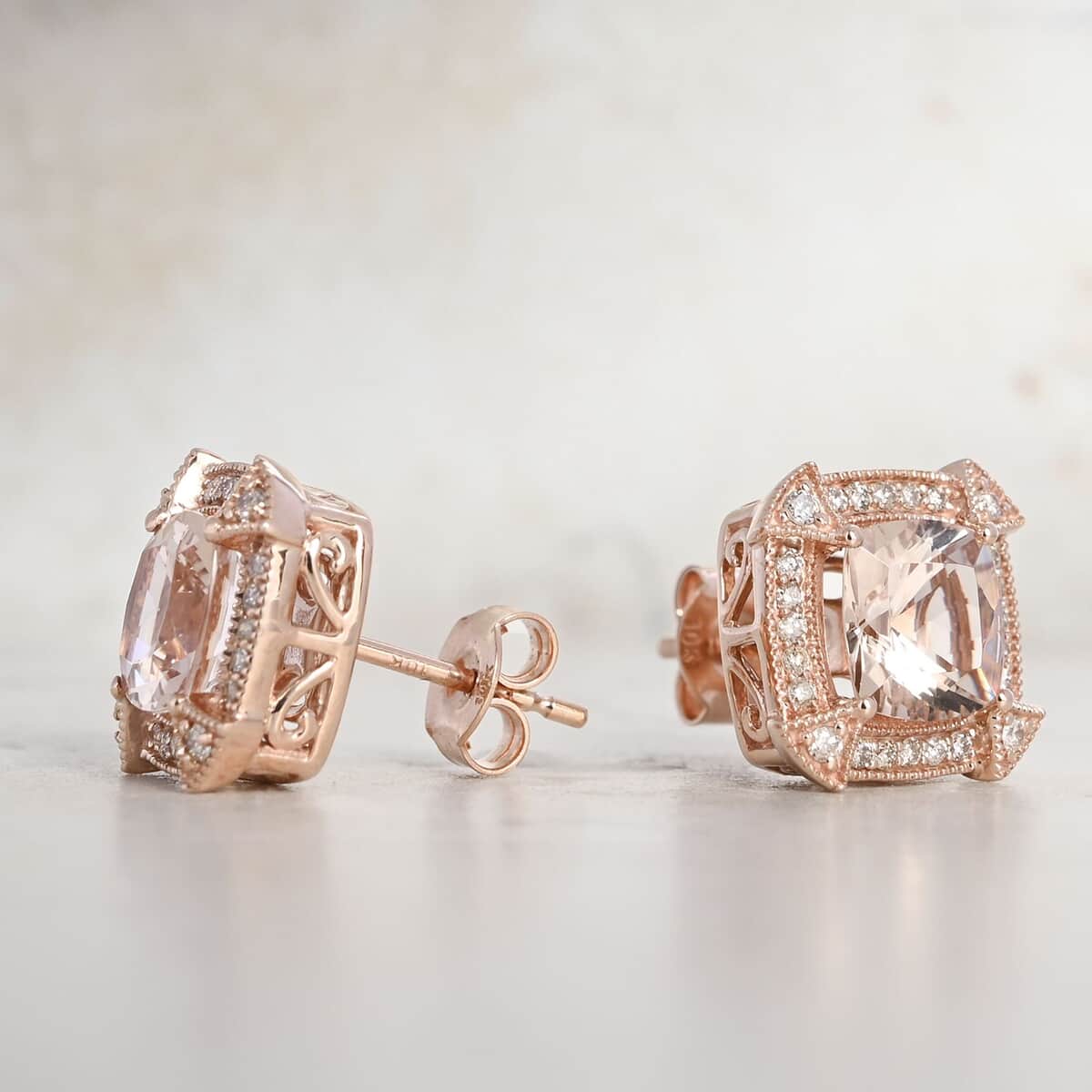 Certified & Appraised Luxoro 10K Rose Gold AAA Marropino Morganite and G-H I2 Diamond Earrings 2.80 ctw image number 1