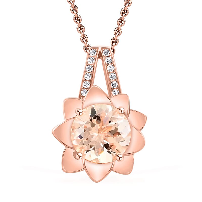 Luxoro 10K Rose Gold AAA Marropino Morganite and G-H I2 Diamond Daisy Floral Pendant without Chain 4.25 Grams 3.45 ctw