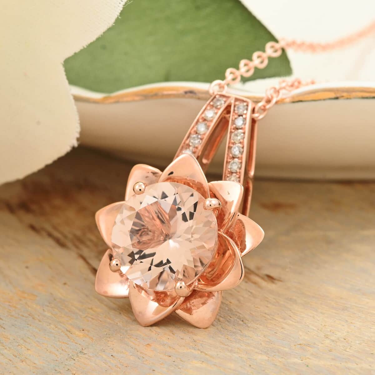 Luxoro 10K Rose Gold AAA Marropino Morganite and G-H I2 Diamond Daisy Floral Pendant 4.25 Grams 3.45 ctw image number 1